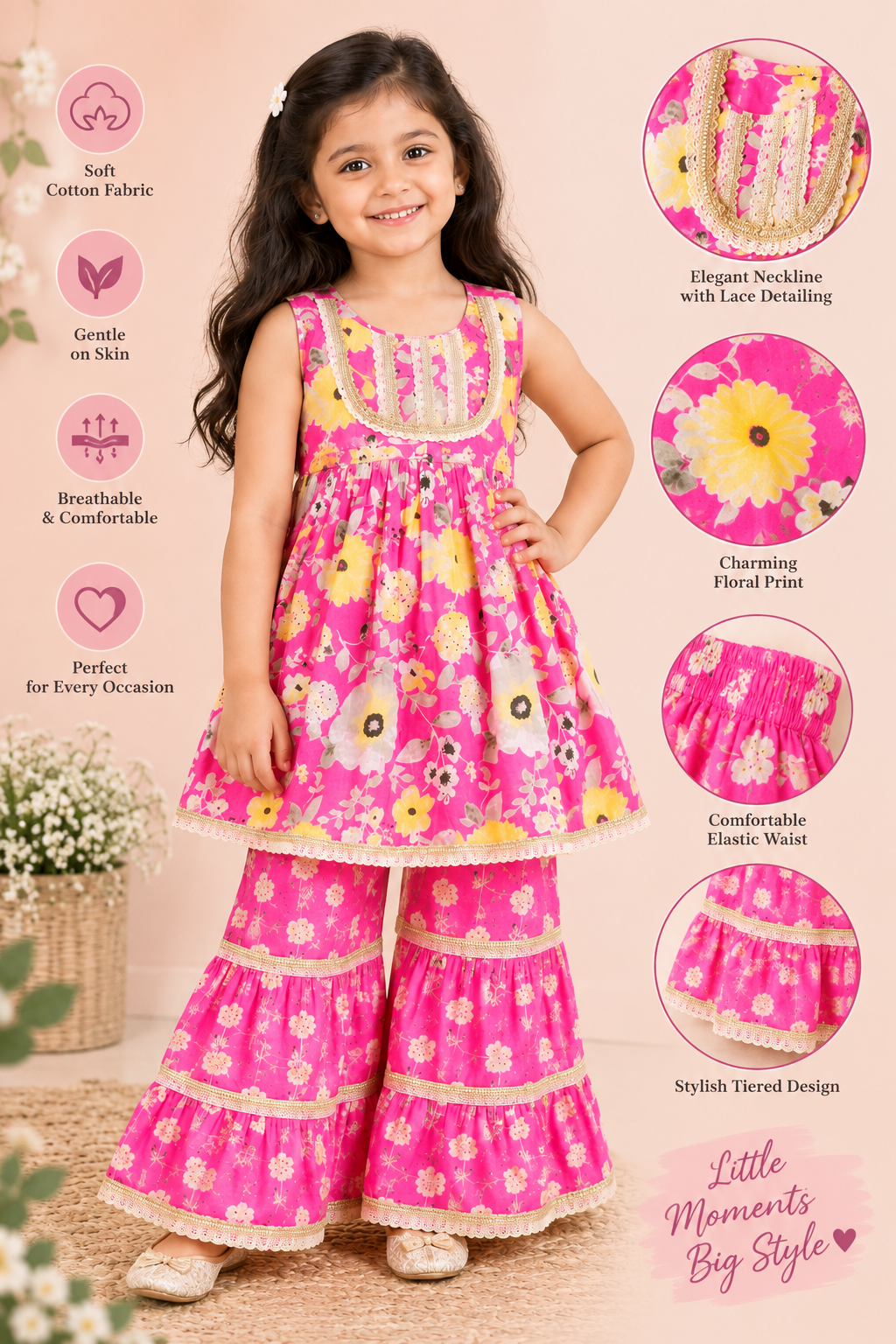 Girls Floral Printed 100% Cotton Kurti with Sharara