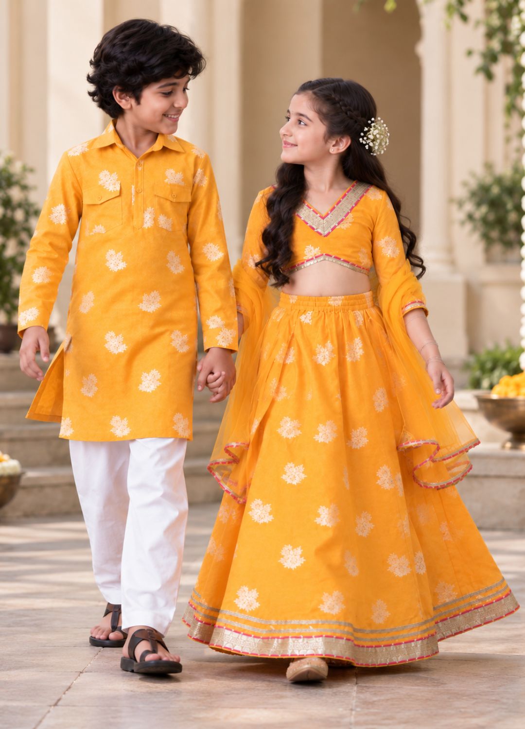 Yellow Floral Sibling Lehenga Choli & Kurta Pyjama Set