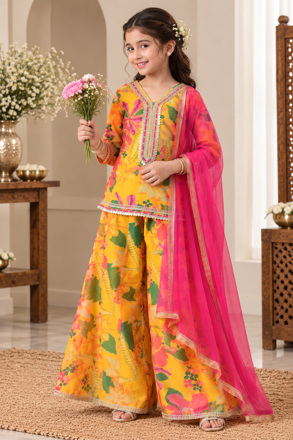 Girls Yellow Floral Gotta Patti Printed Sharara Set