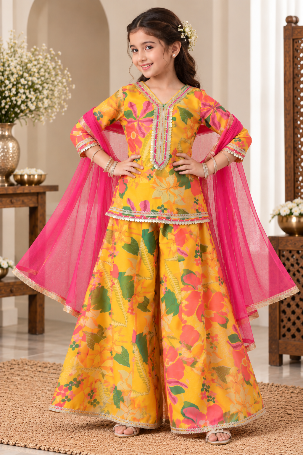 Girls Yellow Floral Gotta Patti Printed Sharara Set
