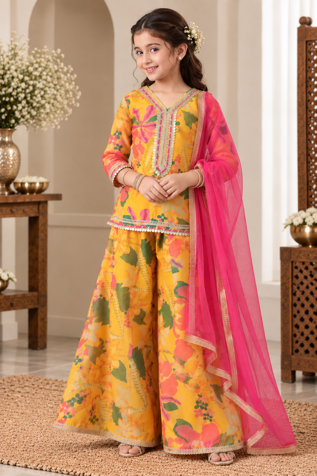 Girls Yellow Floral Gotta Patti Printed Sharara Set
