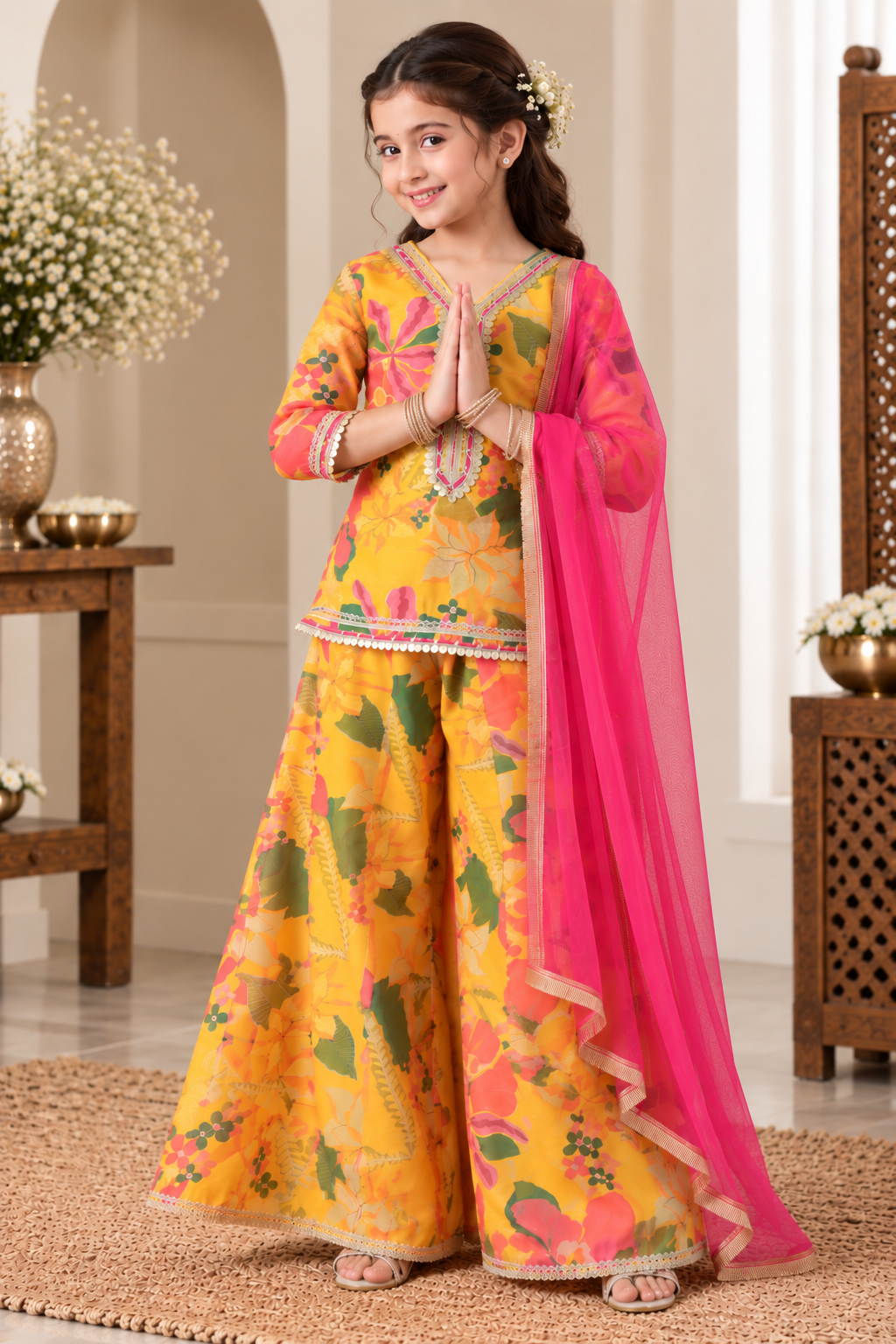 Girls Yellow Floral Gotta Patti Printed Sharara Set
