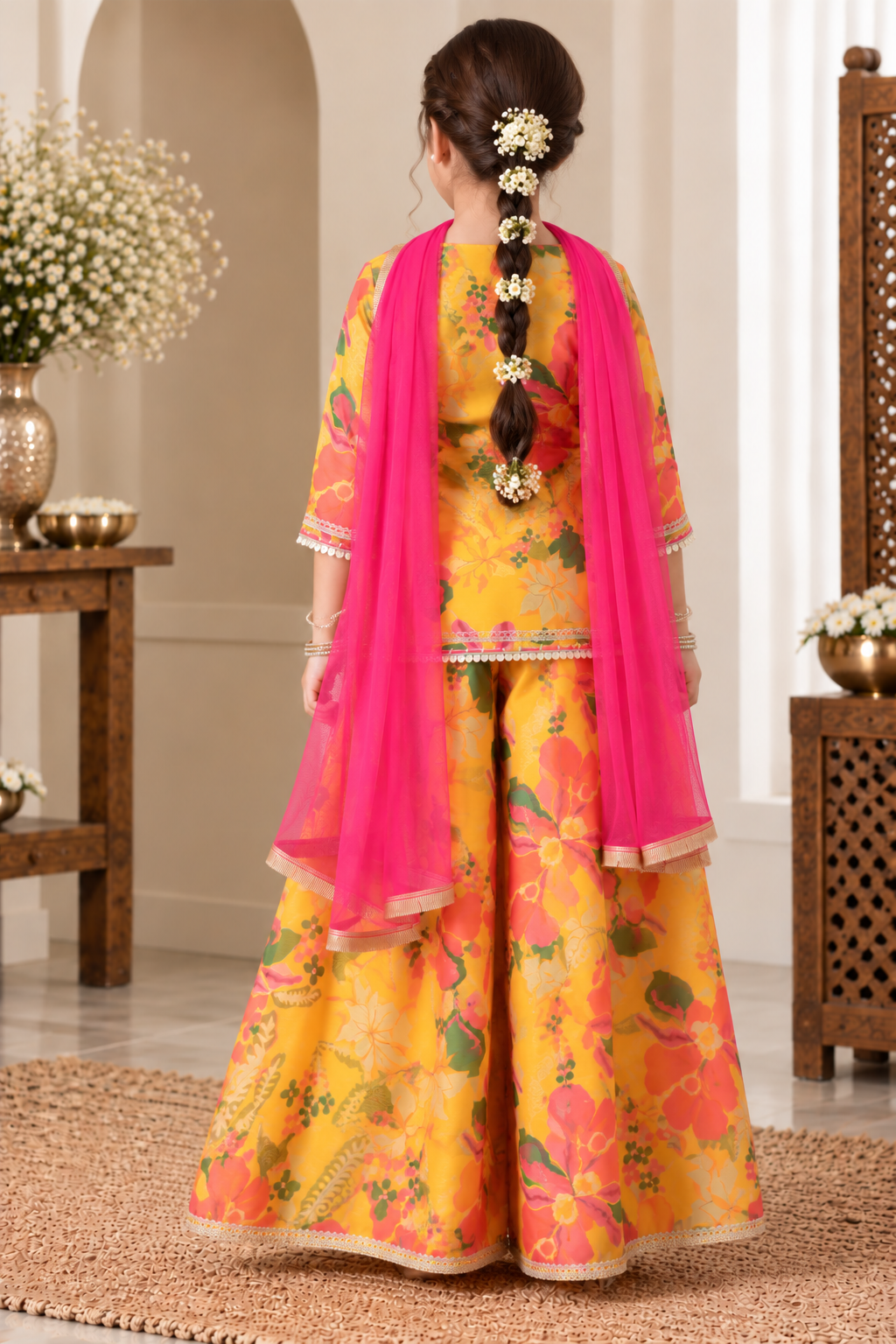 Girls Yellow Floral Gotta Patti Printed Sharara Set