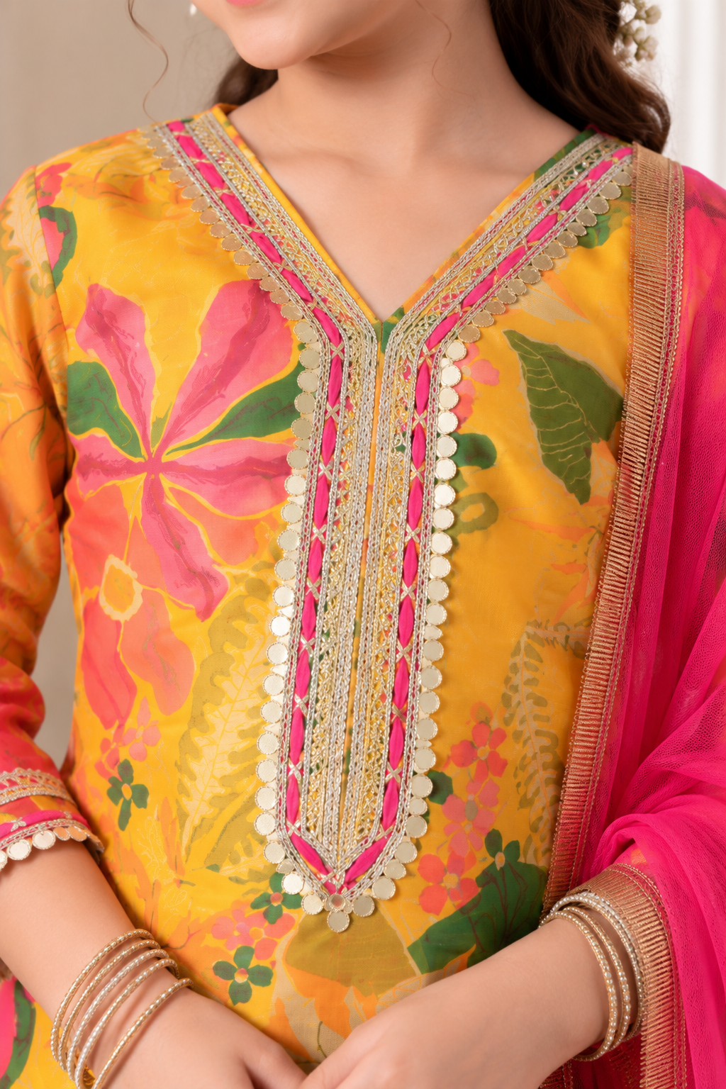 Girls Yellow Floral Gotta Patti Printed Sharara Set