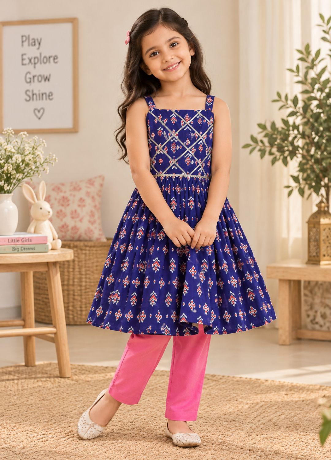 Girls Ikat-Inspired Printed 100% Cotton Dress Kurti with Pink Pants