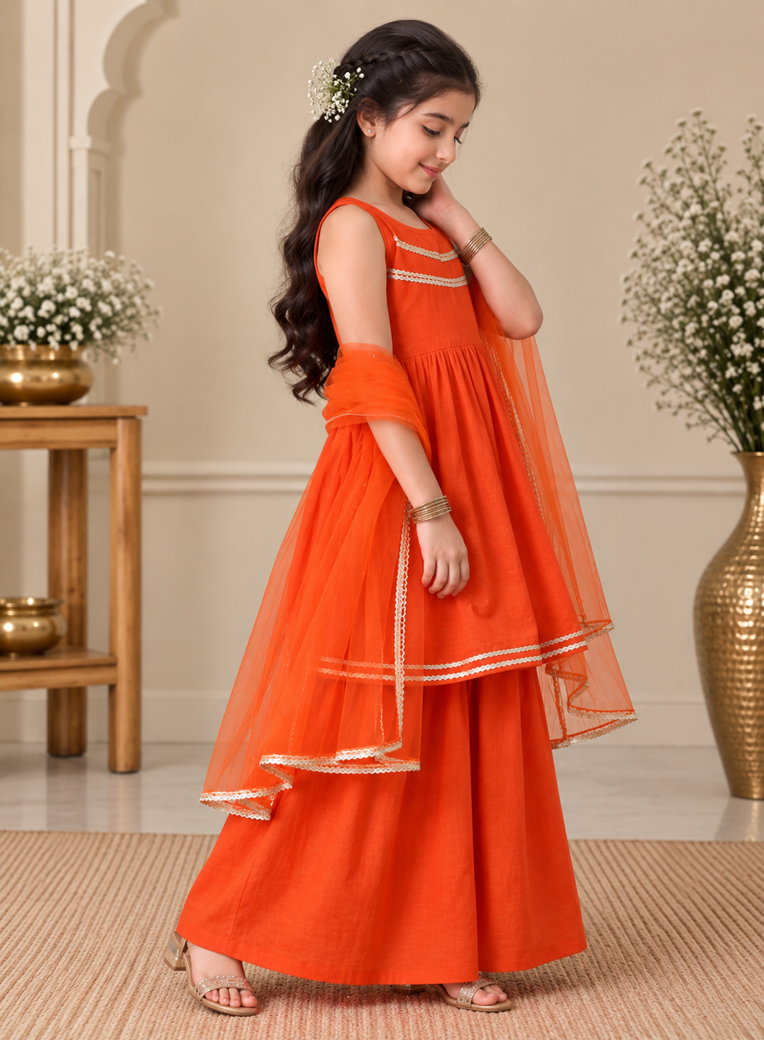 Girls Regular Thread Work Pure Cotton Kurta with Sharara & Dupatta