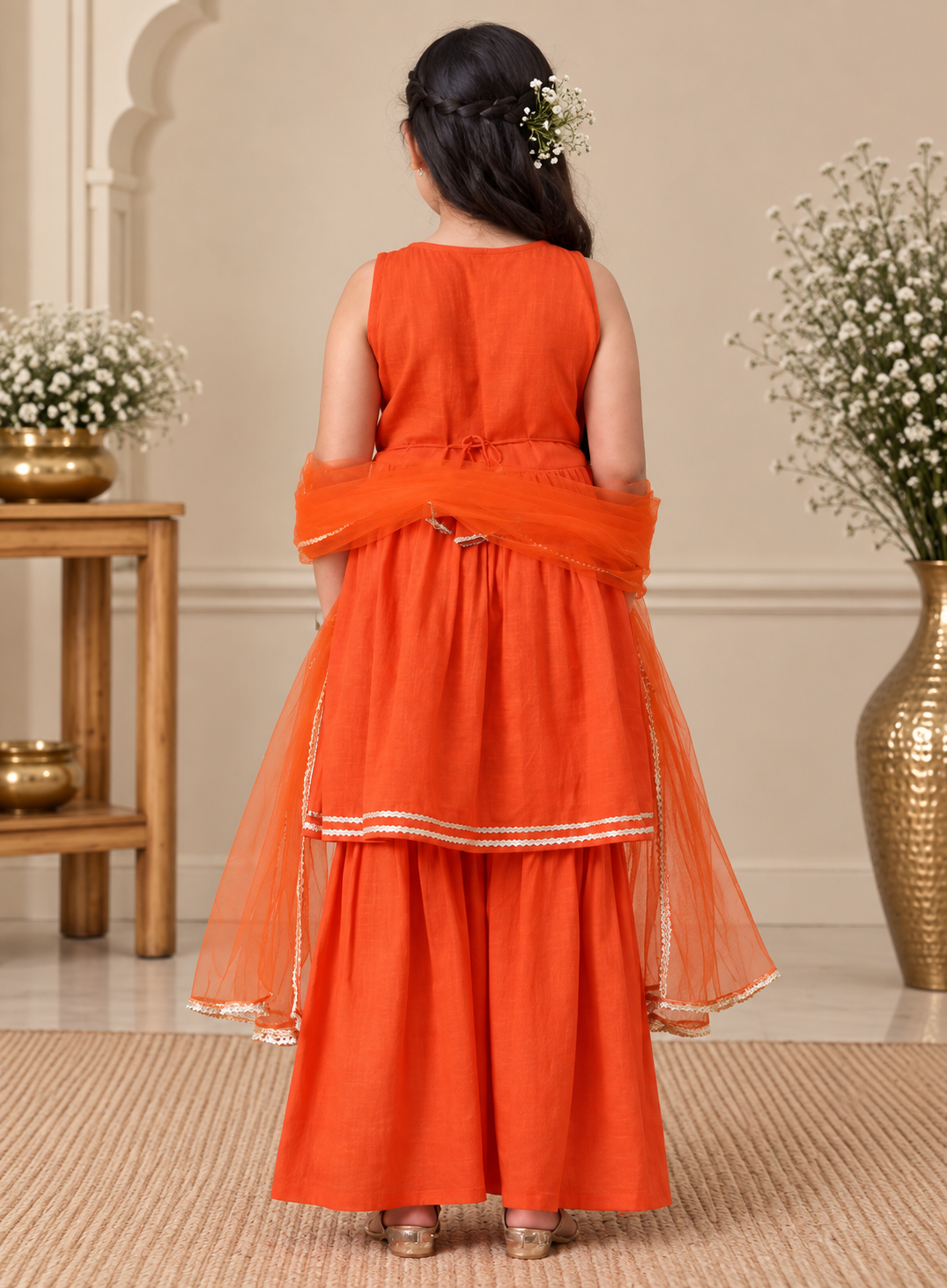 Girls Regular Thread Work Pure Cotton Kurta with Sharara & Dupatta
