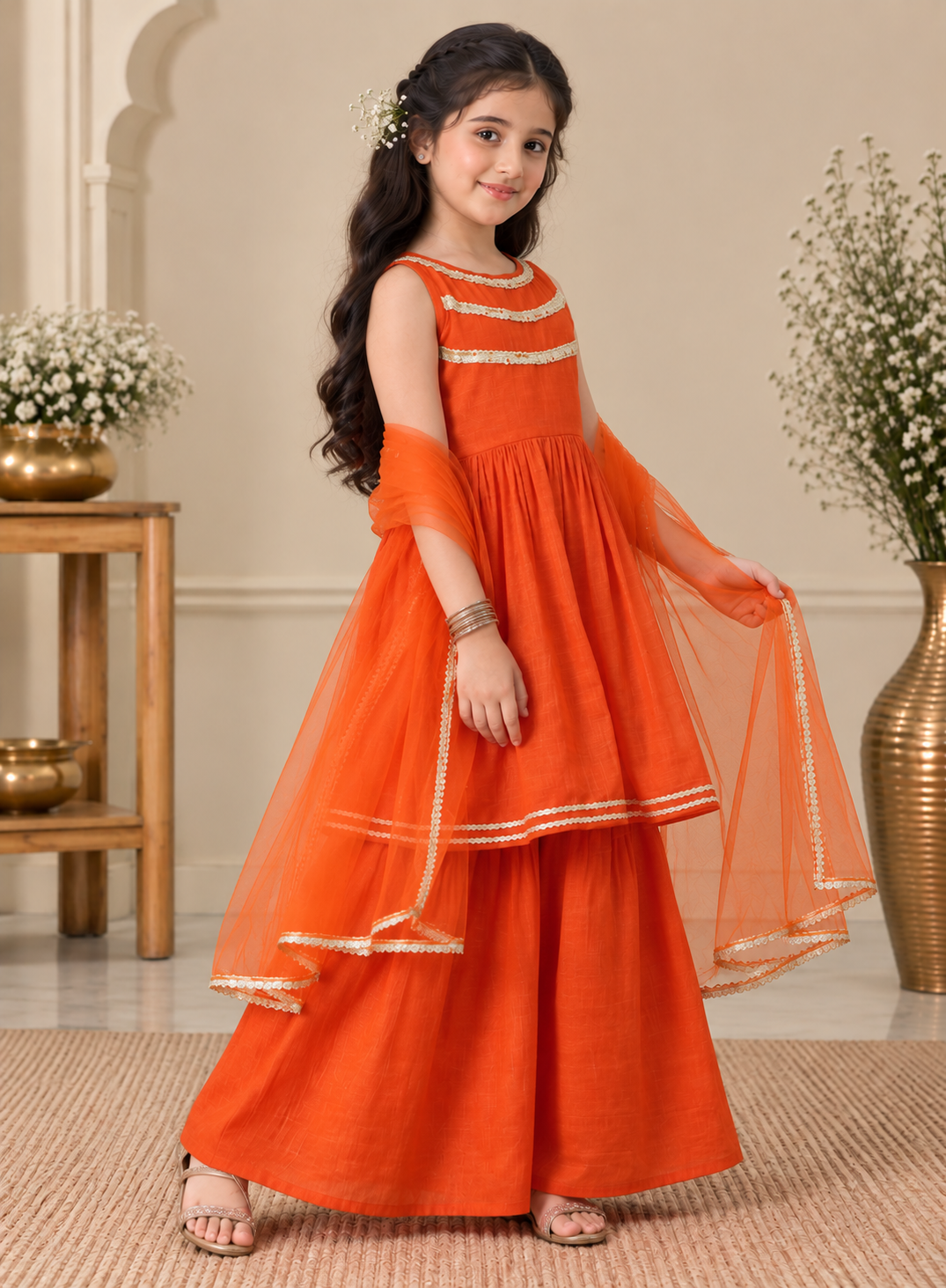 Girls Regular Thread Work Pure Cotton Kurta with Sharara & Dupatta