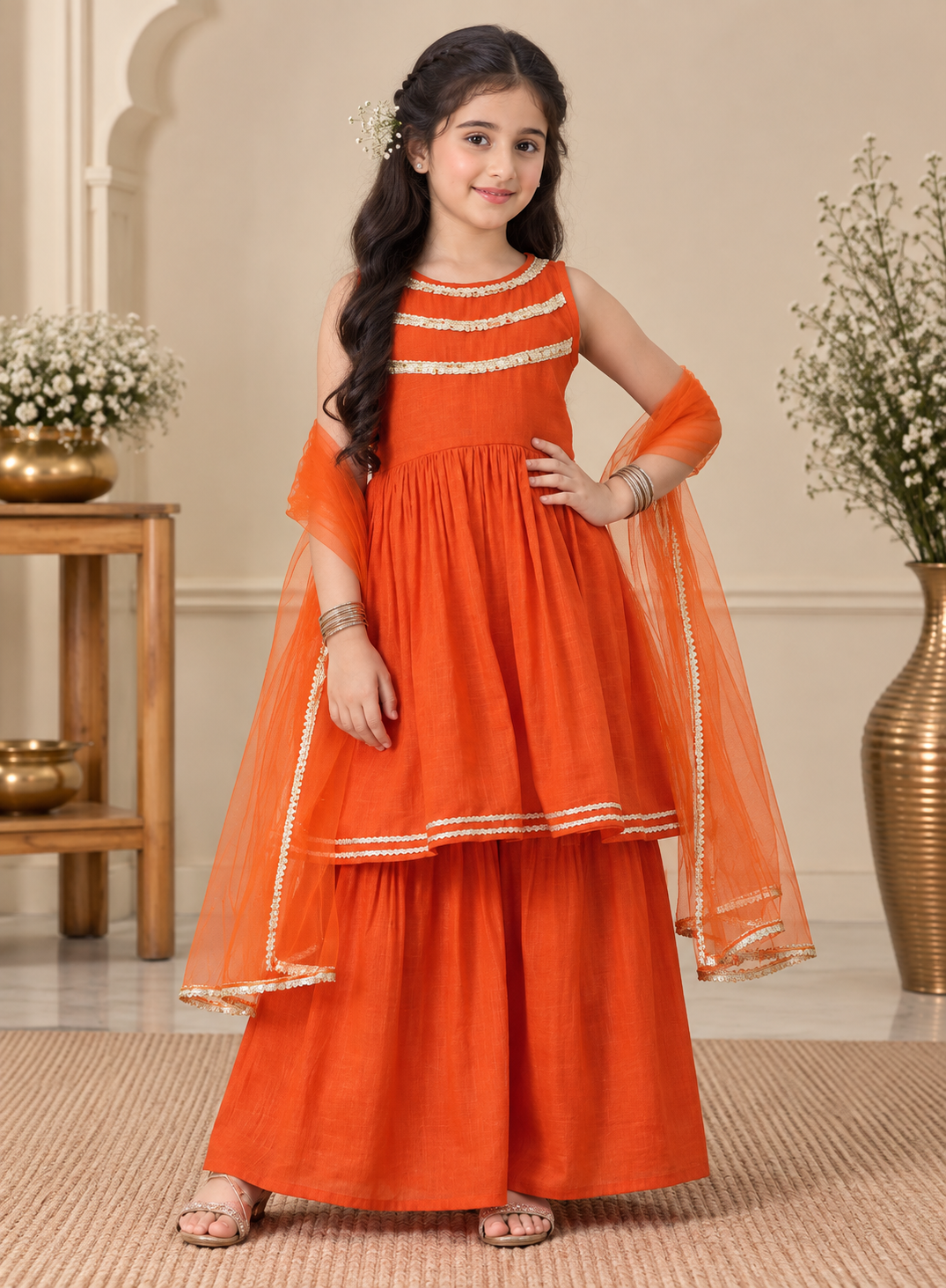 Girls Regular Thread Work Pure Cotton Kurta with Sharara & Dupatta