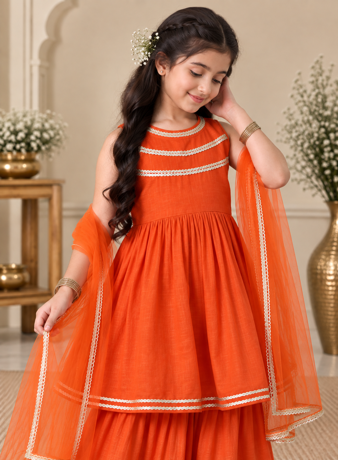 Girls Regular Thread Work Pure Cotton Kurta with Sharara & Dupatta