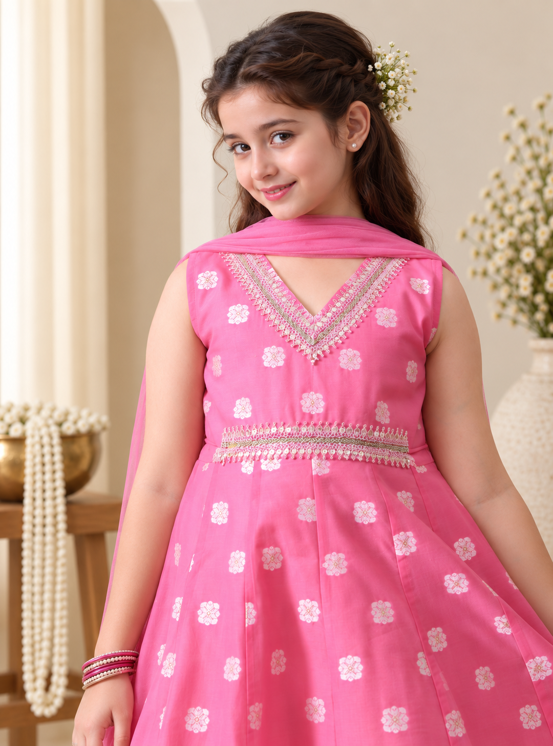 Girls Ethnic Motifs Printed Gotta Patti Chanderi Cotton Kurta with Sharara & Dupatta