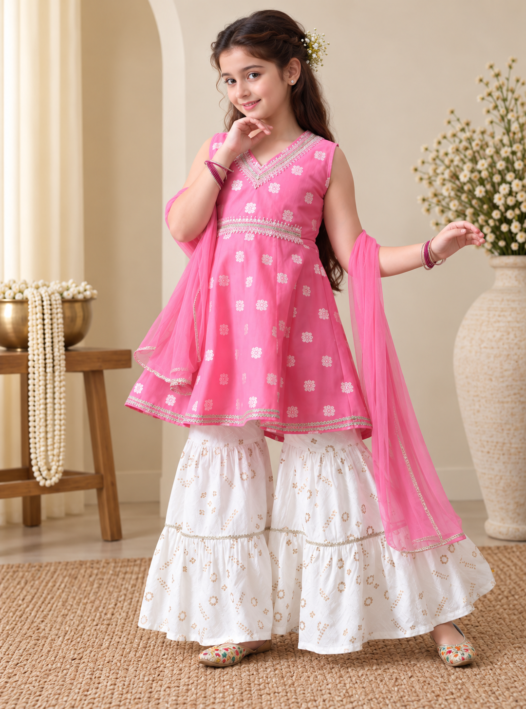 Girls Ethnic Motifs Printed Gotta Patti Chanderi Cotton Kurta with Sharara & Dupatta