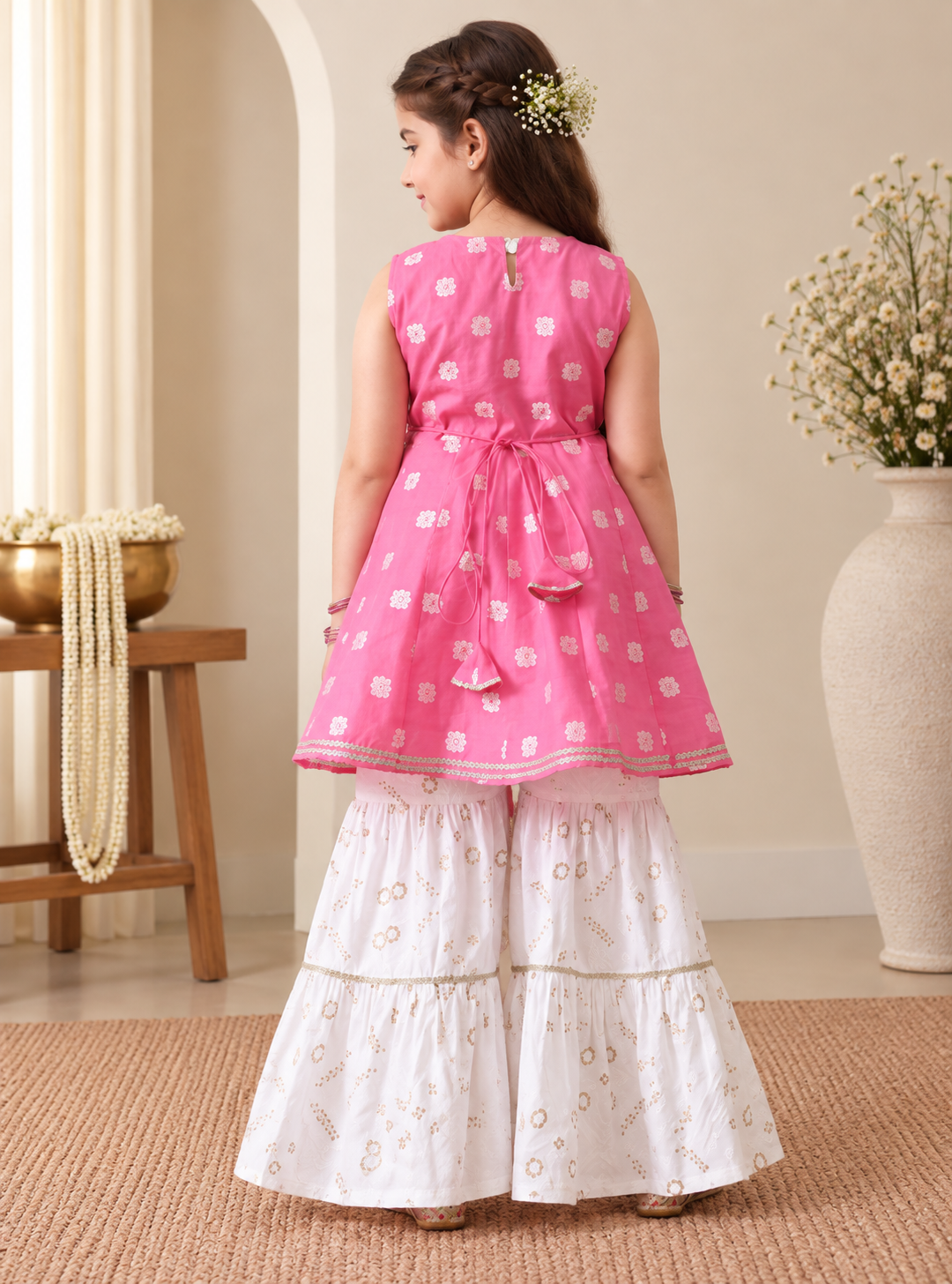 Girls Ethnic Motifs Printed Gotta Patti Chanderi Cotton Kurta with Sharara & Dupatta