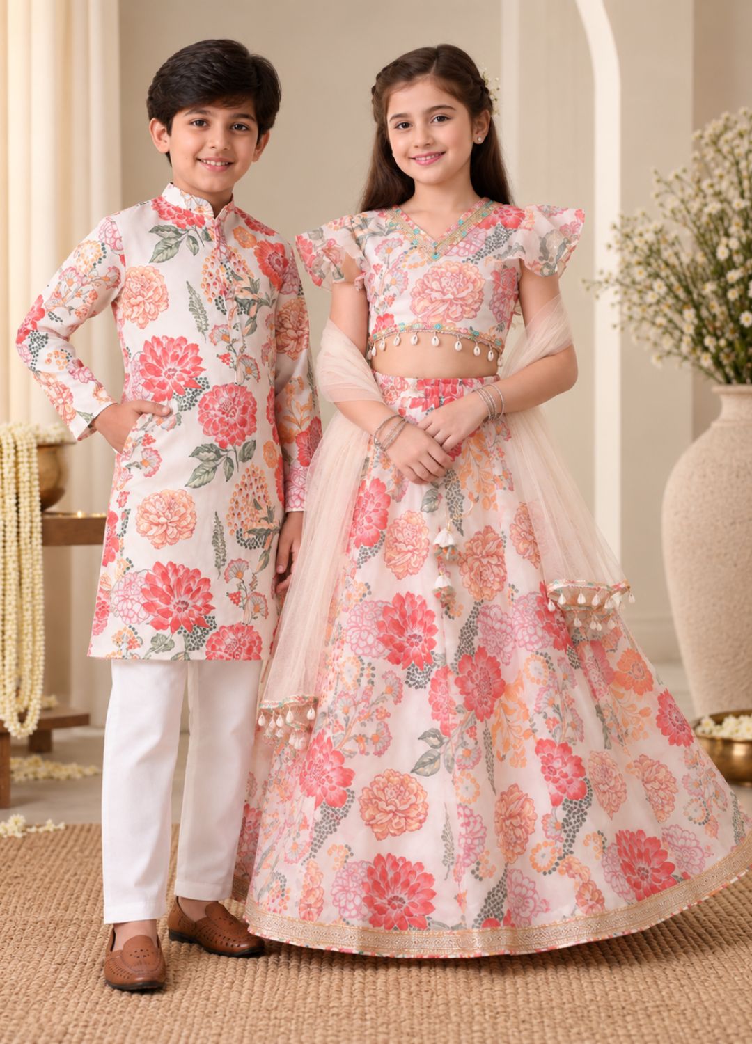 Floral Print Sibling Lehenga Choli & Kurta Pyjama Set for Kids