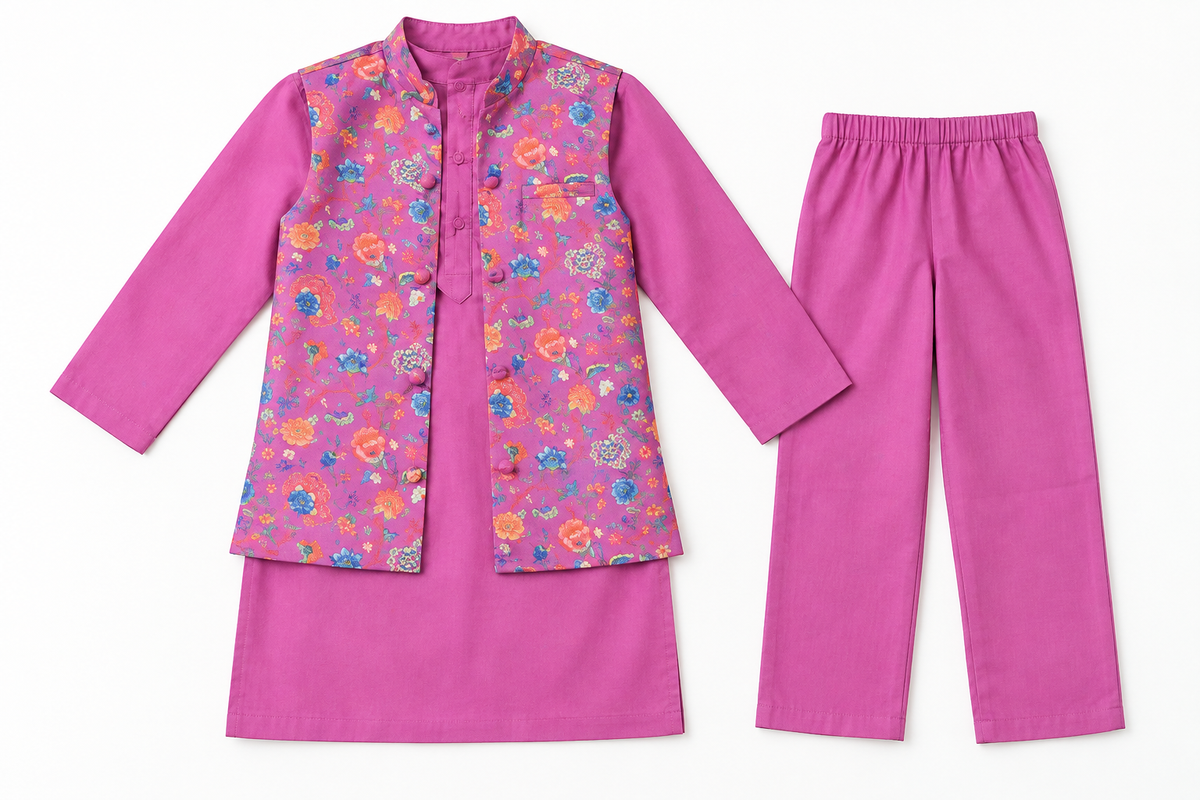 Boys Solid Pure Cotton Kurta with Pyjamas & Printed Nehru Jacket