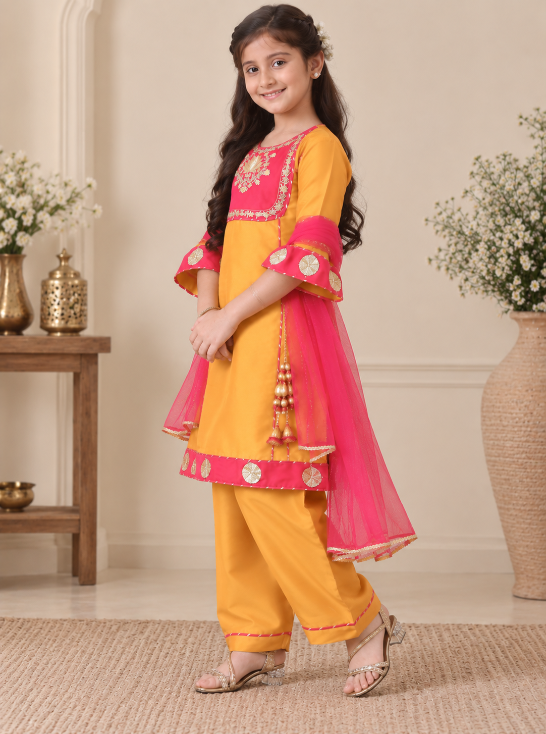 Girls Embellished Silk Kurta with Salwar & Dupatta