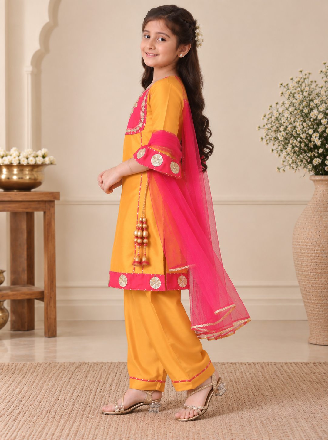 Girls Embellished Silk Kurta with Salwar & Dupatta