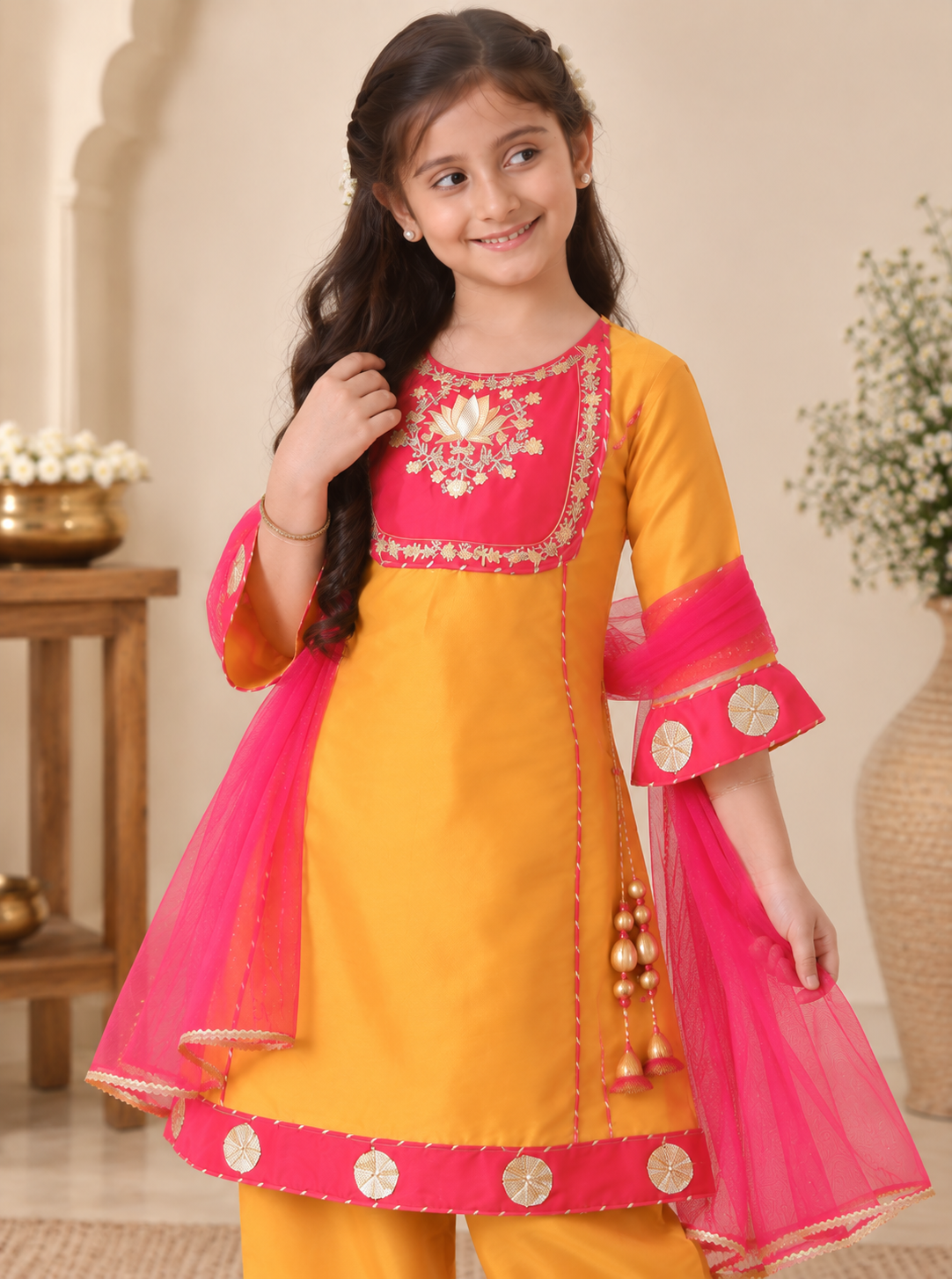 Girls Embellished Silk Kurta with Salwar & Dupatta