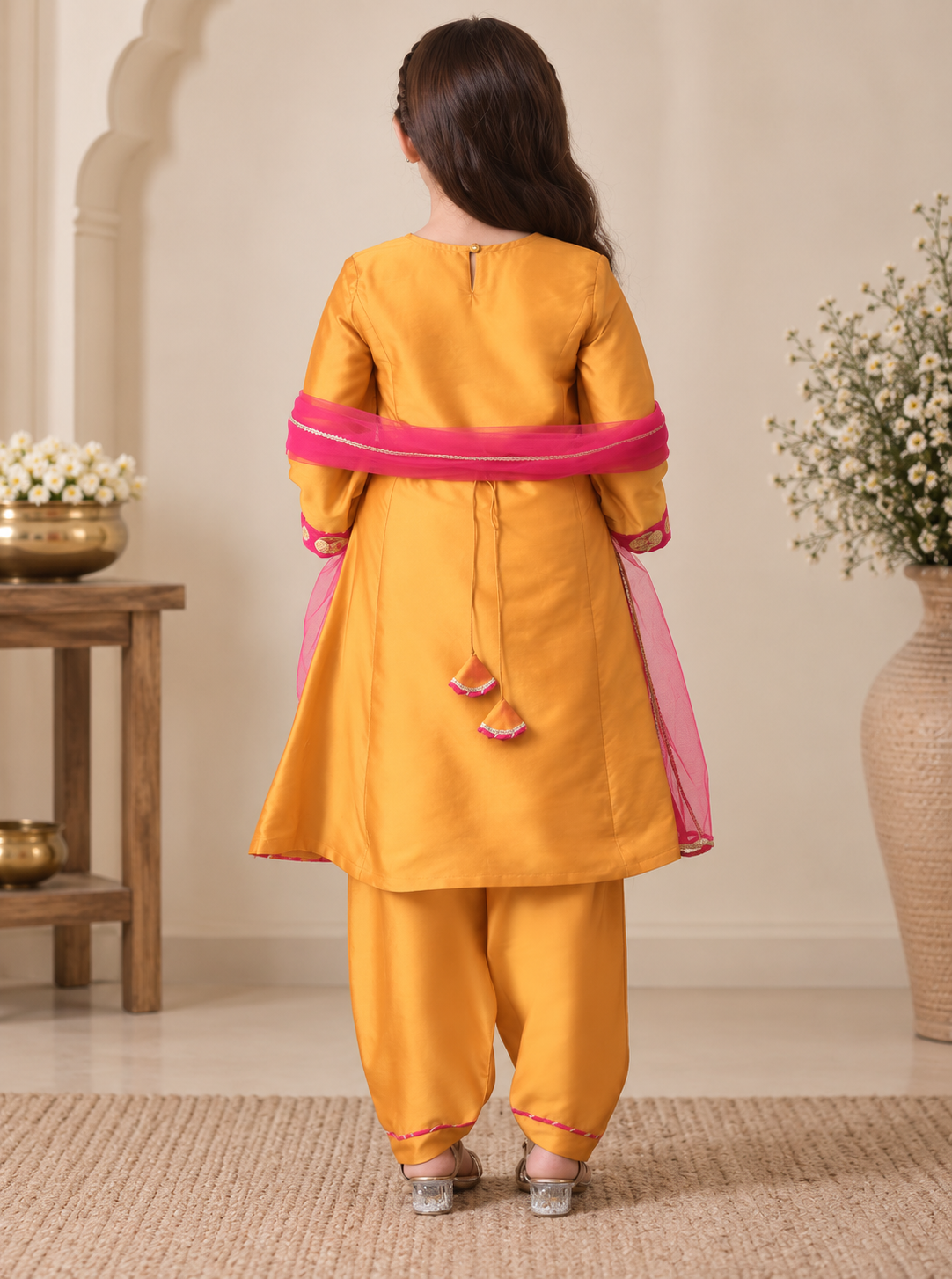 Girls Embellished Silk Kurta with Salwar & Dupatta