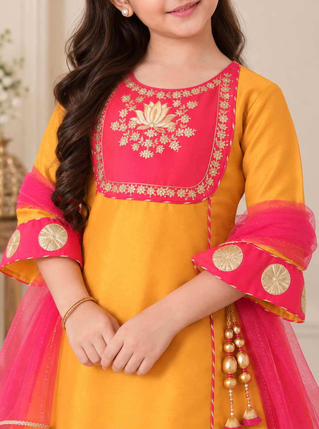 Girls Embellished Silk Kurta with Salwar & Dupatta